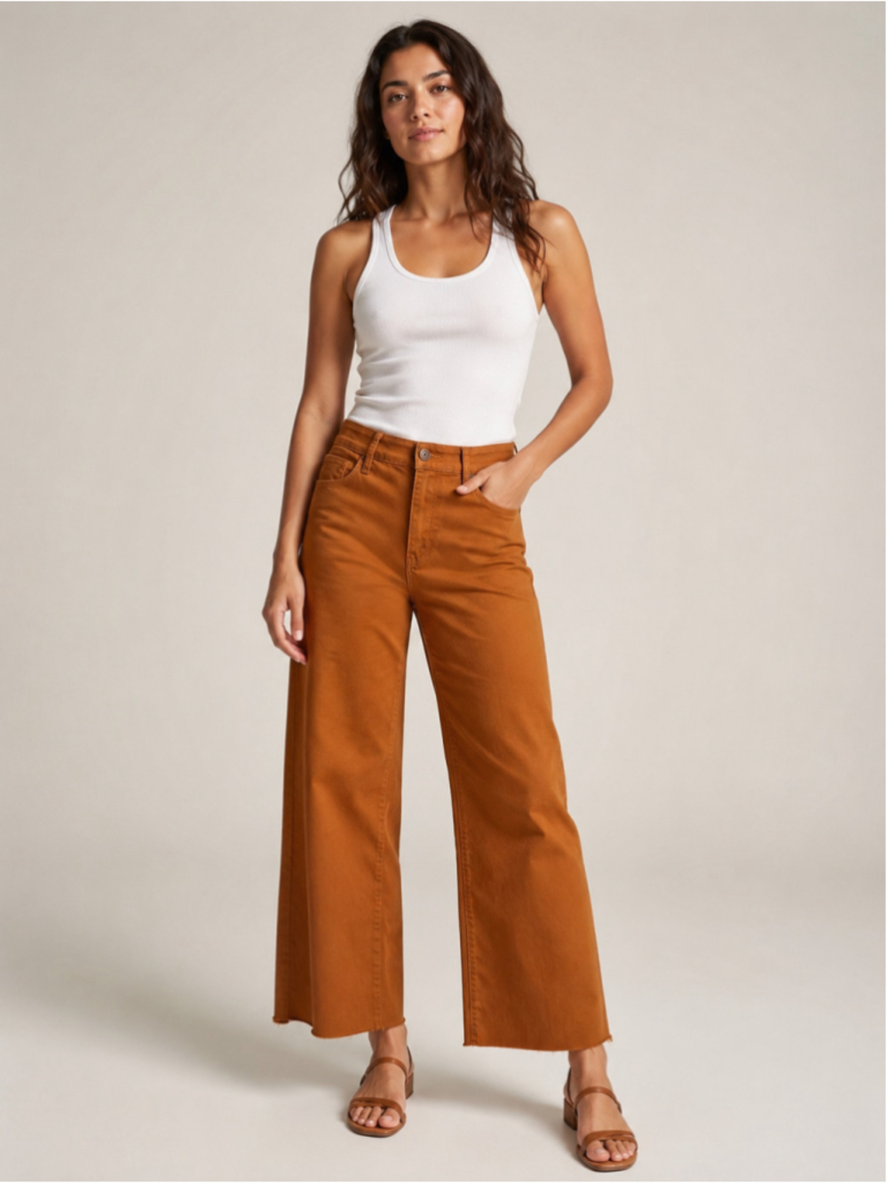 Whetherly Brooklyn High Rise Wide Leg Crop Jeans Brown Raw Hem NWT Size 26